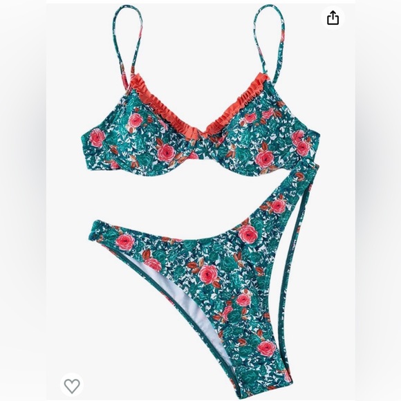 NWOT Floerns Floral Frill Trim High Cut Bikini Medium 2 piece bathing suit - Picture 9 of 11